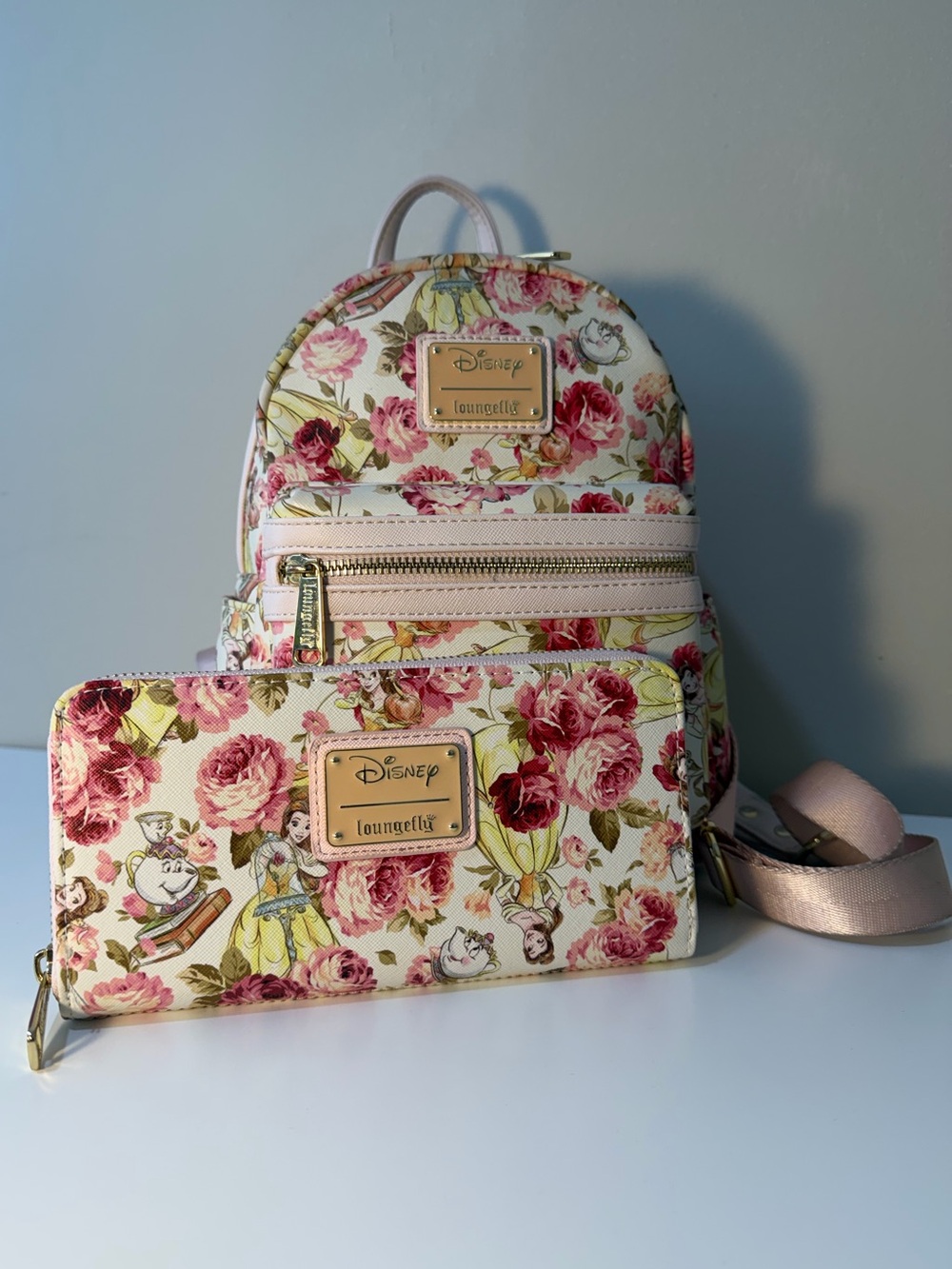 Disney Loungefly Beauty and the Beast, Belle Roses Mini Backpack and Wallet